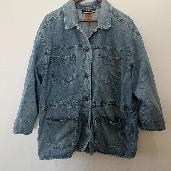 SK Wear by SK & Company Long Light Denim Jean Button Up Barn Coat Pockets Size L - Picture 3 of 10